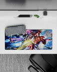 28x12 inches anime mouse pad in icy blues with neon pink beam slashes and gold flares.