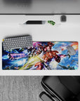 32x12 inches anime mouse pad in neon pink and icy blue with gold flares, high-energy cockpit vibe.