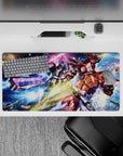 32x16 inches neon pink beam and icy blue space anime desk mat with gold flares, loud clean vibe.