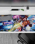 36x16 inches anime desk pad in neon pink beams and icy blue tones with gold flares, high-energy sci-fi vibe.