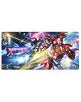 32x16 inches anime mouse pad with RX-78-2 Gundam vs red Zaku space battle, sparks and debris.