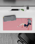 Pastel pink anime desk mat 28x12 inches, midnight navy hair, peach backpack, calm airy vibe.