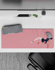 32x12 inches soft pink mouse pad with midnight navy hair, peach backpack, cozy hoodie, calm vibe.