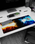 Anime desk pad 36x16 inches featuring Naruto and Sasuke in a fiery and icy clash, with Kurama and Susanoo in battle.