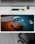 Dynamic 32x16 desk mat combines black and white koi with serene water for impactful yet soothing visuals