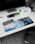 Artistic 32x12 inches mouse pad featuring Zero Two, Ichigo, and the squad in a breathtaking post-apocalyptic setting, with dynamic poses and soft blue tones.