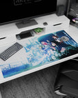 Large 40x20 inches mouse pad featuring Zero Two, Ichigo, and the squad in dynamic poses amidst overgrown ruins, with soft blue hues embodying hope and adventure.