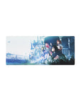 Mouse pad featuring Zero Two, Ichigo, and the squad design, 28x12 inches, with soft blue hues and overgrown ruins to evoke hope and adventure.