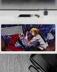 32x16 inches anime mouse pad in stormy blues with jagged lightning, bold contrast, intense battle mood.