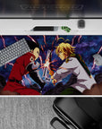 40x20 inches anime desk pad in stormy blues with jagged lightning, sparks and debris, high-action mood.