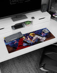 32x12 inches anime mouse pad of Meliodas vs Zeldris sword clash, sparks erupting in a split-second hit.