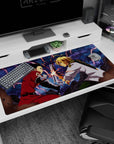 40x20 inches anime desk pad showing brothers in split-second blade crash, firefly sparks, zero-mercy stare.
