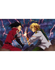 40x20 inches anime desk pad with Meliodas vs Zeldris sword clash, lightning backdrop, bold print.