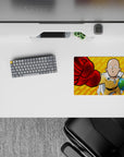 Bright yellow suit and white cape on orange background, bold funny vibe, anime mouse pad 14x10 inches.