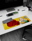Saitama from One Punch Man reaching forward with red glove on anime mouse pad 32x12 inches.