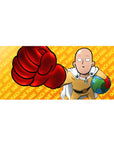 One Punch Man anime desk pad 36x16 inches with Saitama red glove punch, orange text pattern backdrop.