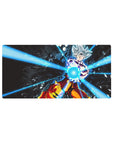 32x16 inch mouse pad featuring Goku in Ultra Instinct form preparing a bright blue energy attack