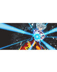36x16 inch desk pad highlighting Goku in Ultra Instinct form unleashing bright blue energy beams