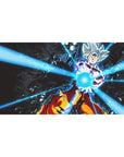 40x20 inch desk pad featuring Goku in Ultra Instinct form with bright blue energy beams for Dragon Ball fans
