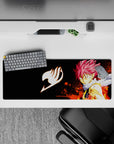 32x12 inches anime mouse pad in black with orange splatter flames, intense fiery vibe, smooth gaming surface.
