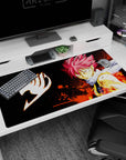 40x20 inches Fairy Tail desk pad featuring Natsu Dragneel with white scarf, battle marks, and blazing arm.