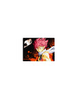 Classic anime mouse pad 14x10 inches with spiky pink-haired fighter, scarf, flames, and bold icon.