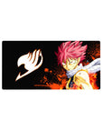 32x16 inches anime mouse pad with Natsu Dragneel, black space backdrop, flames, orange splatter, and scarf.