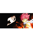 36x16 inches anime desk pad with Natsu Dragneel, flames, white scarf, and bold icon on black space.