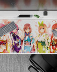 Pastel pink petal glow on a 40x20 inches anime girl desk pad, violet blue green and warm red florals.