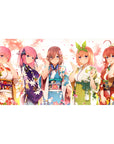 Anime girl desk pad 40x20 inches with five girls in spring kimonos, petals, floral obi bows, cute poses.