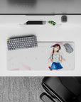 28x12 inches anime mouse pad in airy summer tones, white backdrop with soft pastel confetti and bright smile.