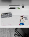 32x12 inches kawaii desk mat in soft white with pastel confetti, chestnut hair, bright summer feel.