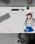 40x20 inches kawaii summer desk pad in soft white with pastel confetti and bright chestnut twin-tails.