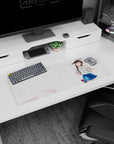 32x12 inches extended mouse pad showing glossy-eyed anime girl waving, chestnut twin-tails on airy backdrop.