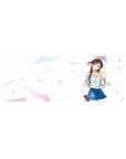 32x12 inches anime girl mouse pad with smiling twin-tail girl, floral top, blue skirt, pastel confetti.