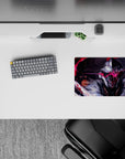 Dark gray and icy white anime mouse pad 14x10 inches with neon crimson slash and smoky battle mood.