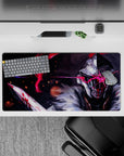 Dark gray and icy white anime mouse pad 32x16 inches with violent crimson accents and smoky embers.