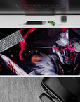 Dark gray and icy white anime desk pad 40x20 inches with neon red streak, smoky shadows, embers.