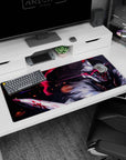 Steel-helmed anime warrior swings a blood-streaked blade on a 36x16 inches desk pad with embers.
