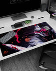 Steel mask warrior mid-swing with blood-streaked blade on anime desk pad 40x20 inches.