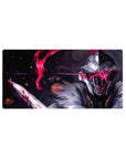 Anime mouse pad 32x16 inches with steel-helmed warrior, fur cloak, embers, and neon red slash.