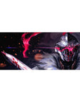 Anime desk pad 36x16 inches with steel-helmed warrior, fur cloak, embers, and neon red slash art.