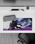 28x12 inches anime girl mouse pad in moody blacks with electric magenta, violet grass, and sky-blue glow.