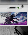 Anime girl mouse pad 32x16 inches in moody blacks, electric magenta, and sky-blue glow under storm clouds.