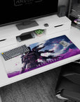 Aria Terra anime girl desk pad 36x16 inches, calm armored angel amid whipping pink petals under storm clouds.