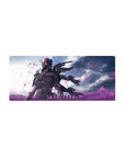 28x12 inches anime girl mouse pad with battle-tech angel in graphite armor, wing blades, stormy backdrop.