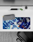 28x12 inches anime mouse pad in neon blues and icy silver, crackling lightning over a starry sky.