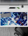32x16 inches anime mouse pad in neon blue lightning and starry sky, icy silver armor glow, high-energy vibe.