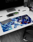 36x16 inches anime desk pad showing shouting duelist raising card as armored silver dragon strikes in.