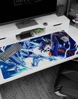 Duelist shouting with raised card as a silver dragon attacks, anime desk pad 40x20 inches.